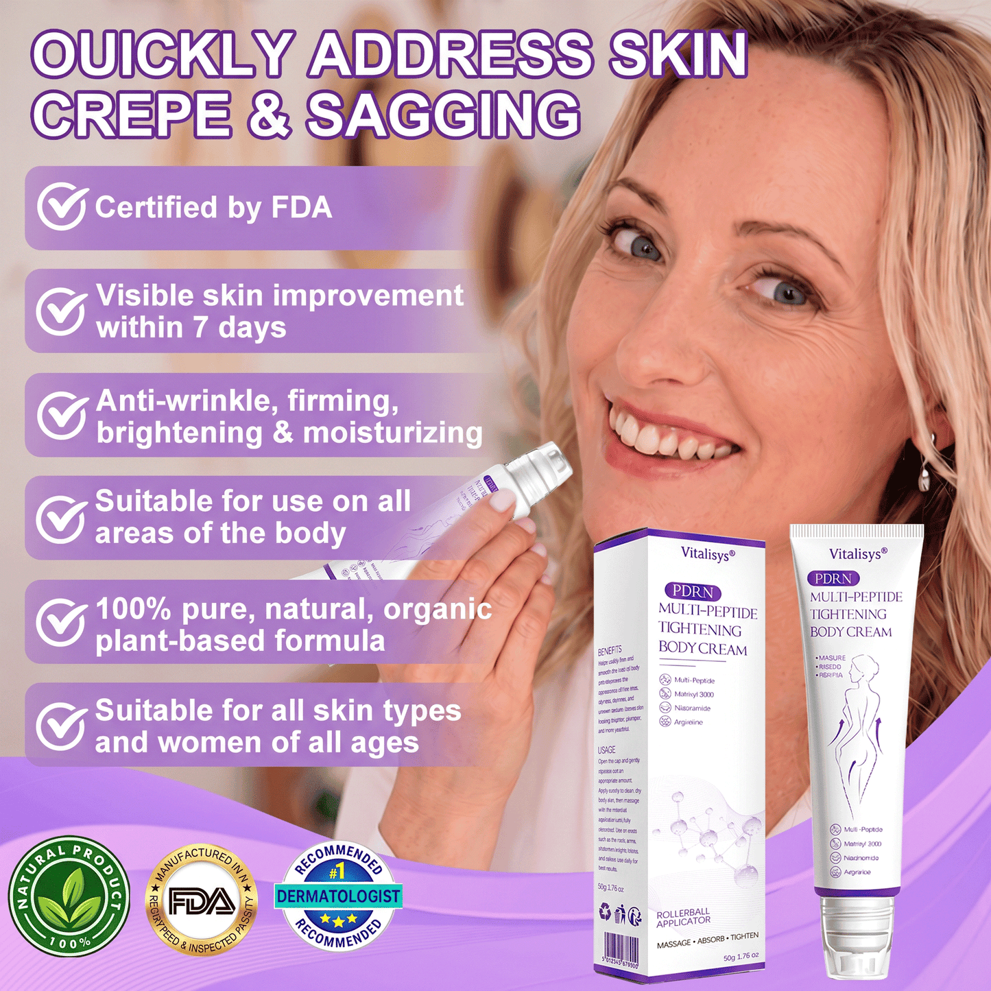 🏆FDA Official: Vitalisys® PDRN Multi-Peptide Massaging Body Roller Cream- Anti-aging, Hydrating, Skin Firming & Lifting, Skin Repair, Even Tone, Acne and Dark Spot Treatment, Wart and Mole Removal, and Psoriasis Relief.