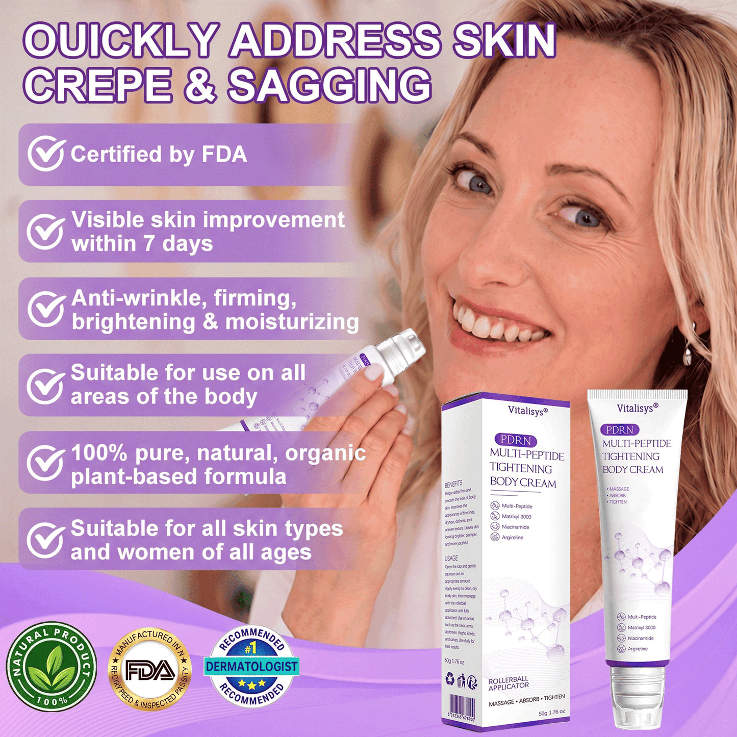 Vitalisys®🇺🇸PDRN Multi-Peptide Massaging Body Roller Cream- Anti-aging, Hydrating, Skin Firming & Lifting, Skin Repair, Even Tone, Acne and Dark Spot Treatment, Wart and Mole Removal, and Psoriasis Relief
