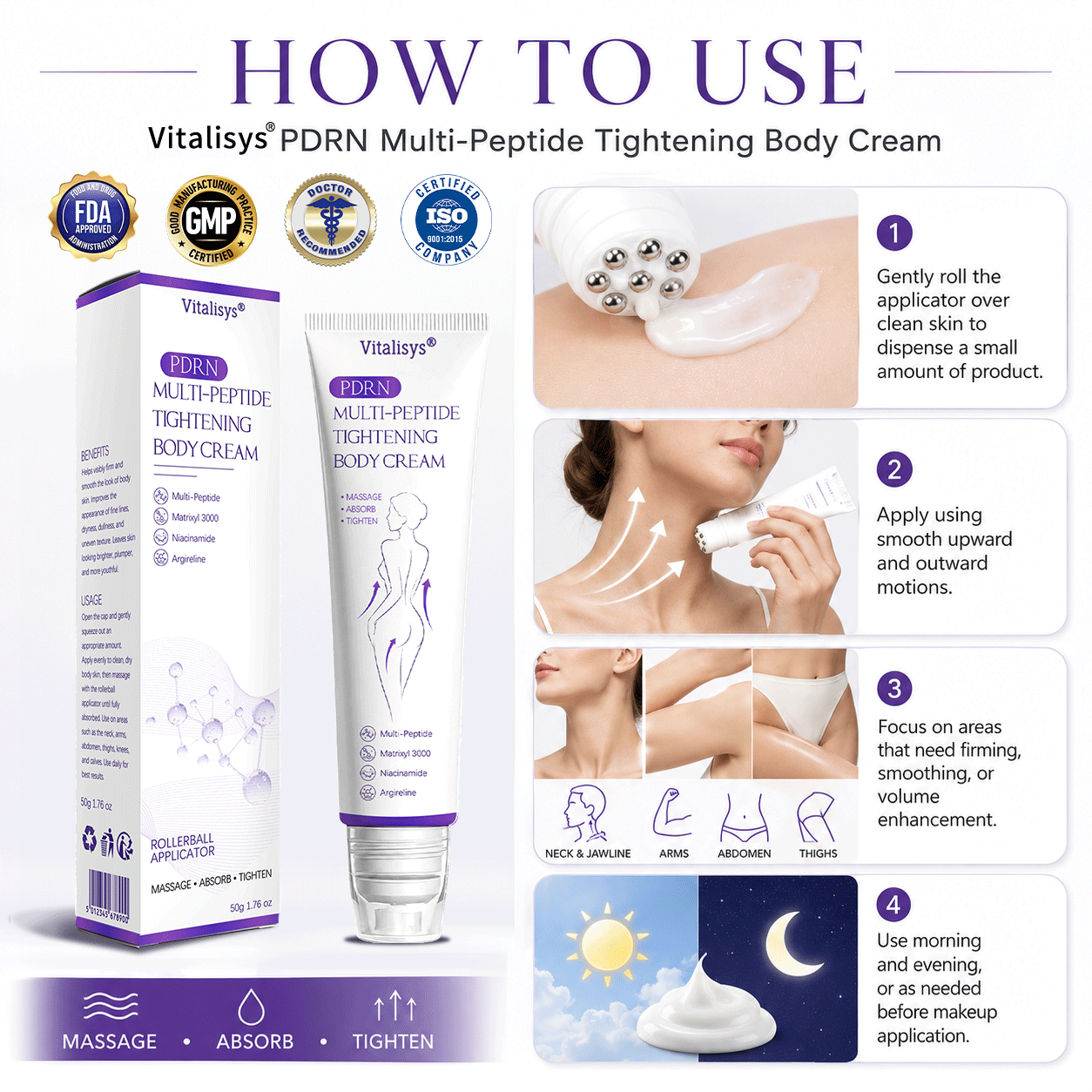 🏆FDA Official: Vitalisys® PDRN Multi-Peptide Massaging Body Roller Cream- Anti-aging, Hydrating, Skin Firming & Lifting, Skin Repair, Even Tone, Acne and Dark Spot Treatment, Wart and Mole Removal, and Psoriasis Relief.