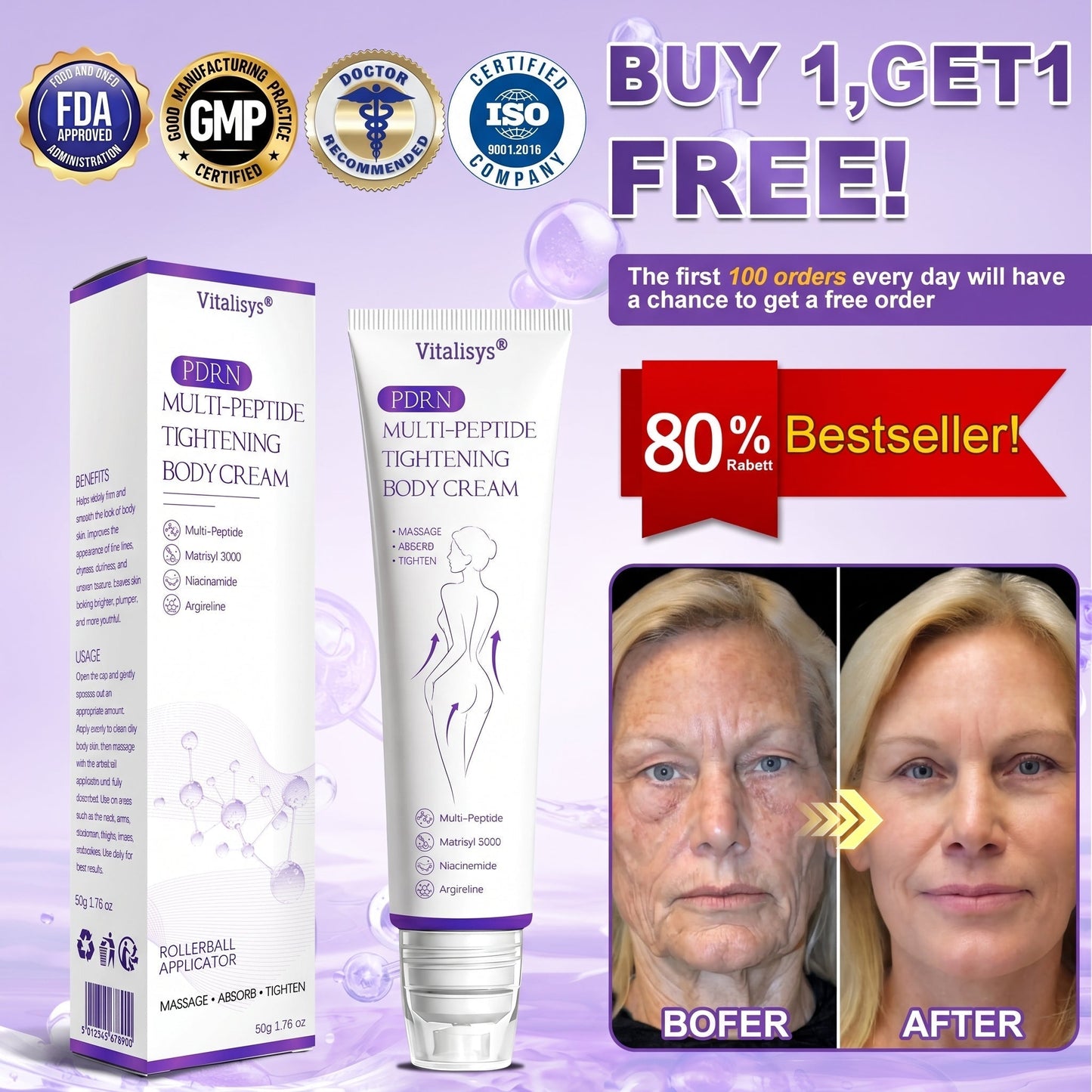 🏆FDA Official: Vitalisys® PDRN Multi-Peptide Massaging Body Roller Cream- Anti-aging, Hydrating, Skin Firming & Lifting, Skin Repair, Even Tone, Acne and Dark Spot Treatment, Wart and Mole Removal, and Psoriasis Relief.